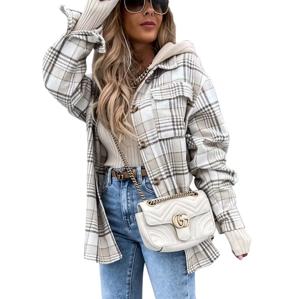 Women Detachable Hood Jacket Fashionable Plaid Soft Comfortable Warm Keeping Female Hooded Jacket Light Gray M