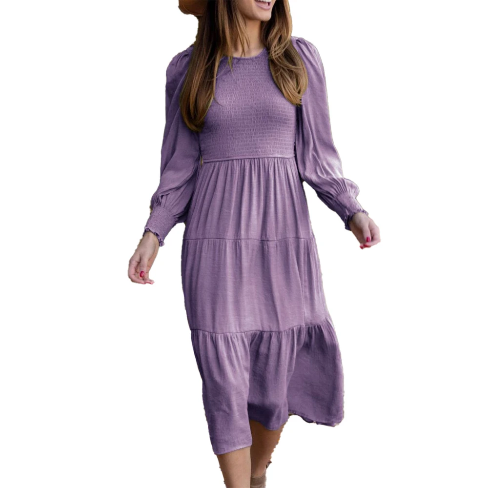 Dress Shirred Bust Cuff Plain Lantern Sleeves Stylish Comfortable Mid Length Women Dress Purple M