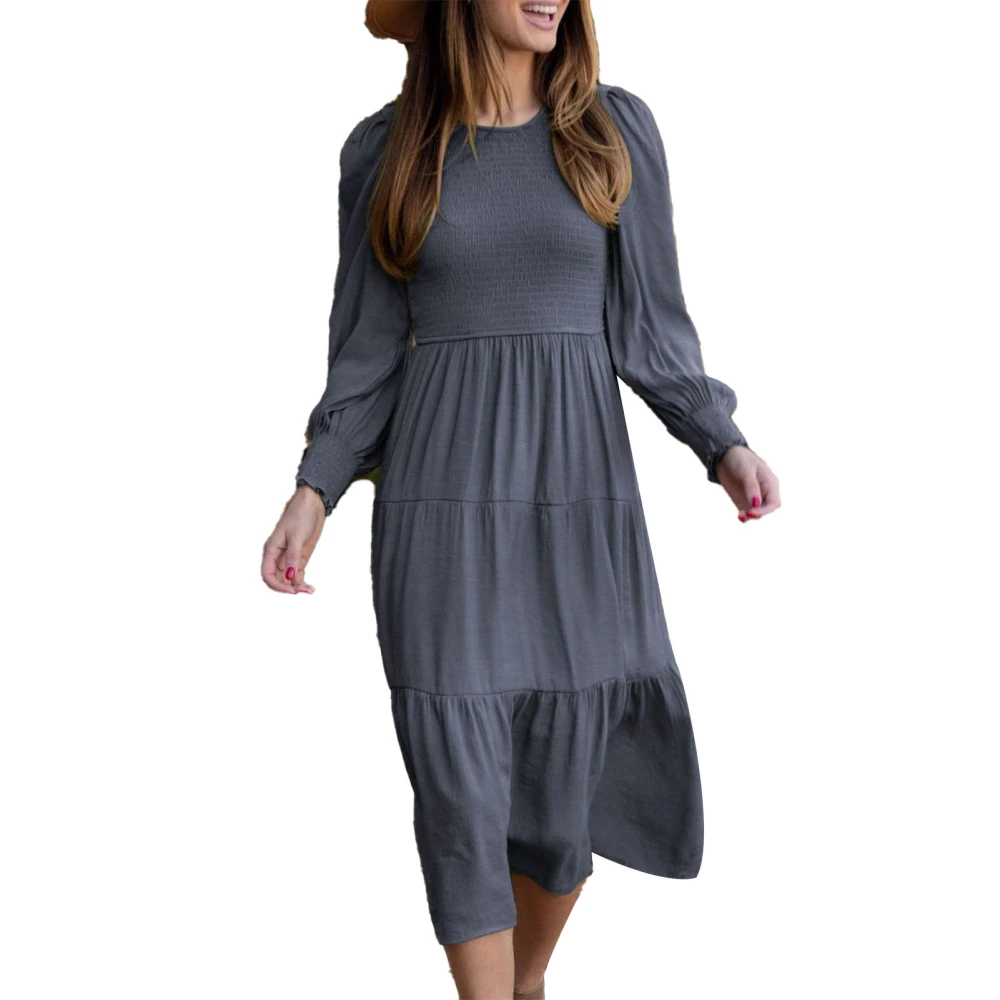 Dress Shirred Bust Cuff Plain Lantern Sleeves Stylish Comfortable Mid Length Women Dress Slate Grey S