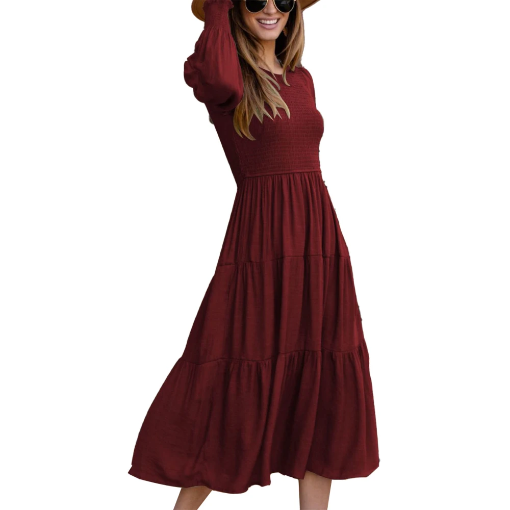 Dress Shirred Bust Cuff Plain Lantern Sleeves Stylish Comfortable Mid Length Women Dress Wine Red L