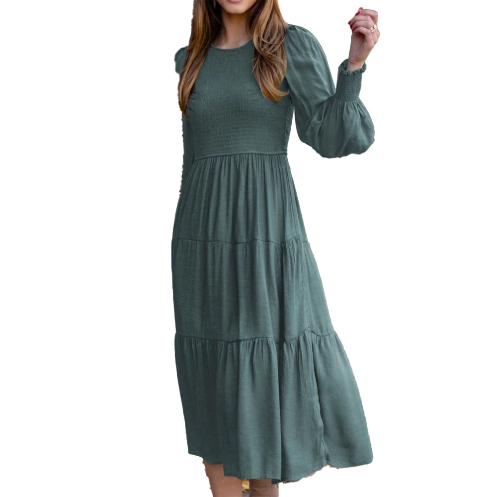 Dress Shirred Bust Cuff Plain Lantern Sleeves Stylish Comfortable Mid Length Women Dress Green S