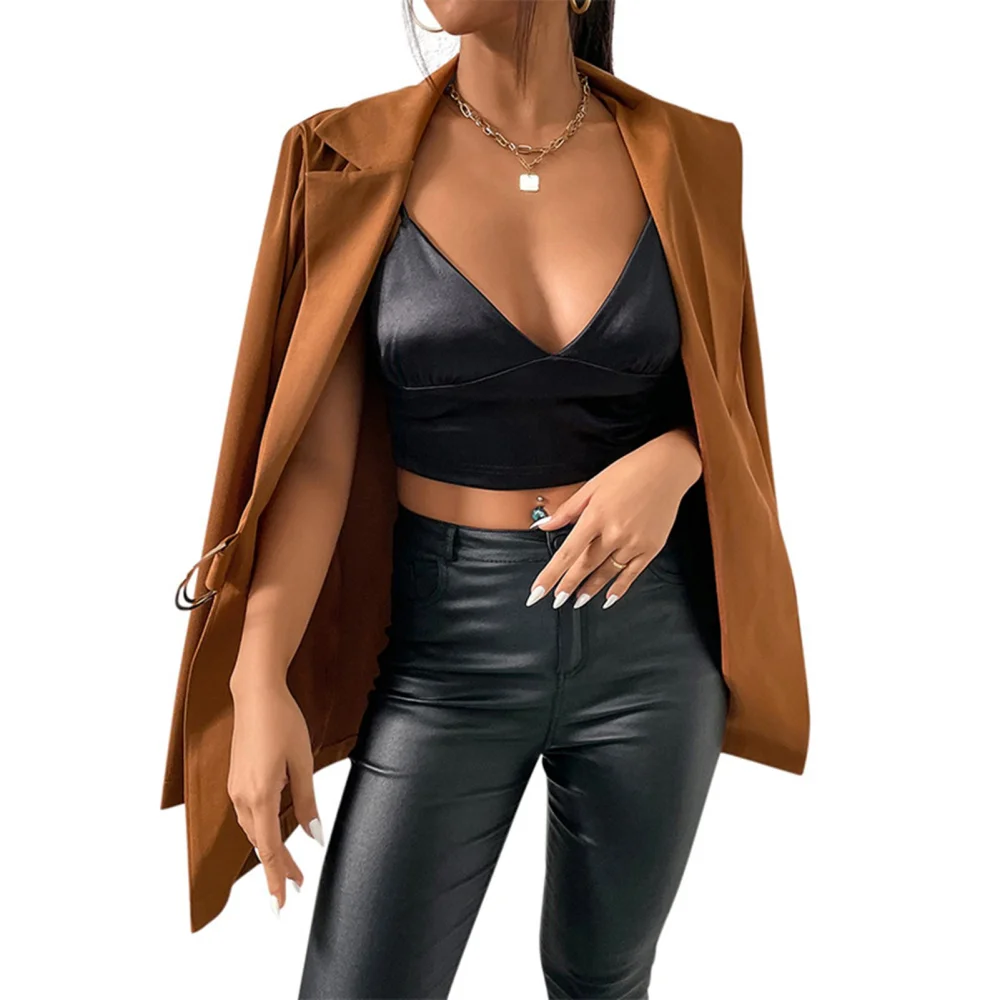 Women Suit Jacket Long Sleeve Revers Slim Stylish Casual Women Suit Outwear for Office Work Brown S