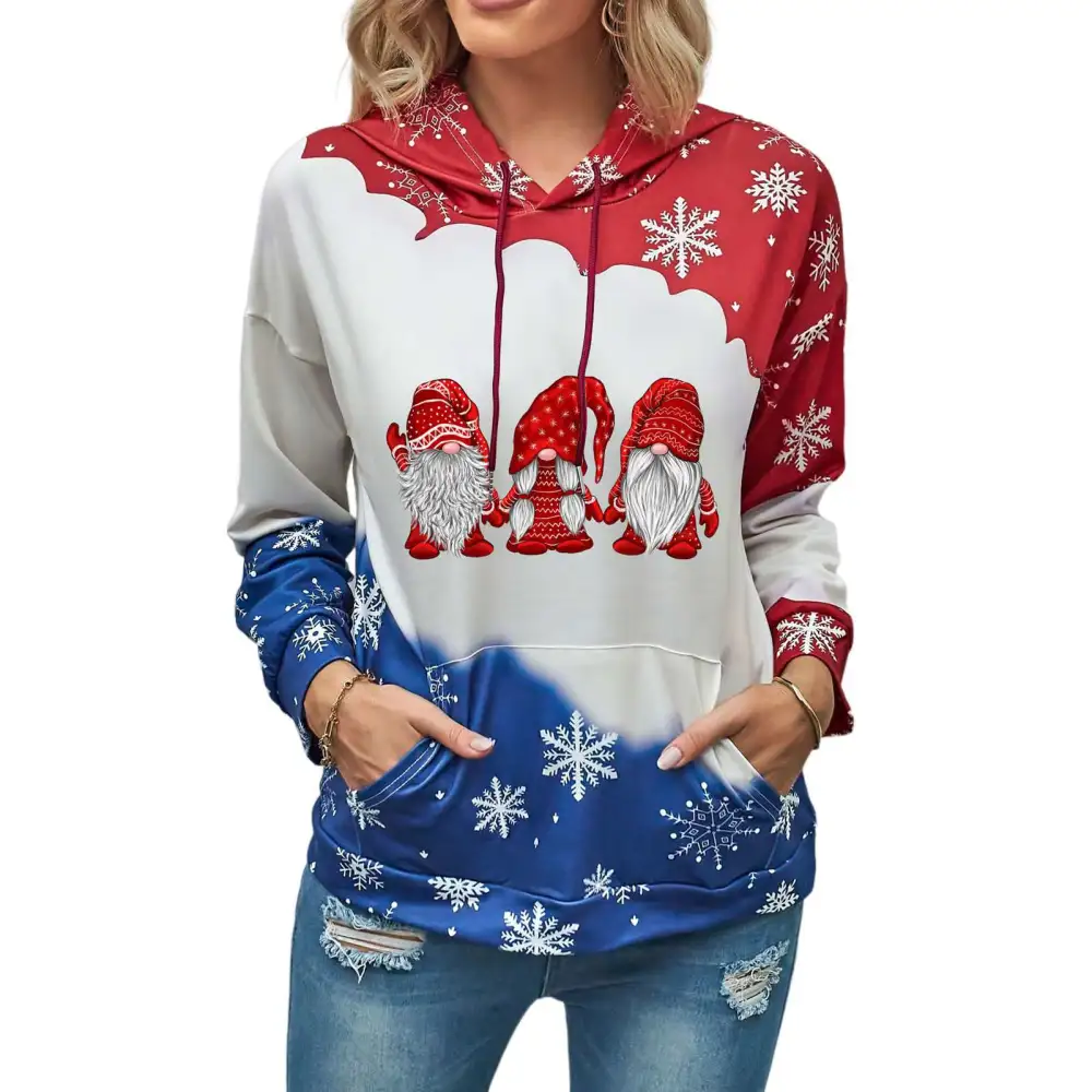 Women Hooded Top with Pocket Long Sleeve Christmas Printing Hoodie for Autumn and Winter Snowflake Type XXL