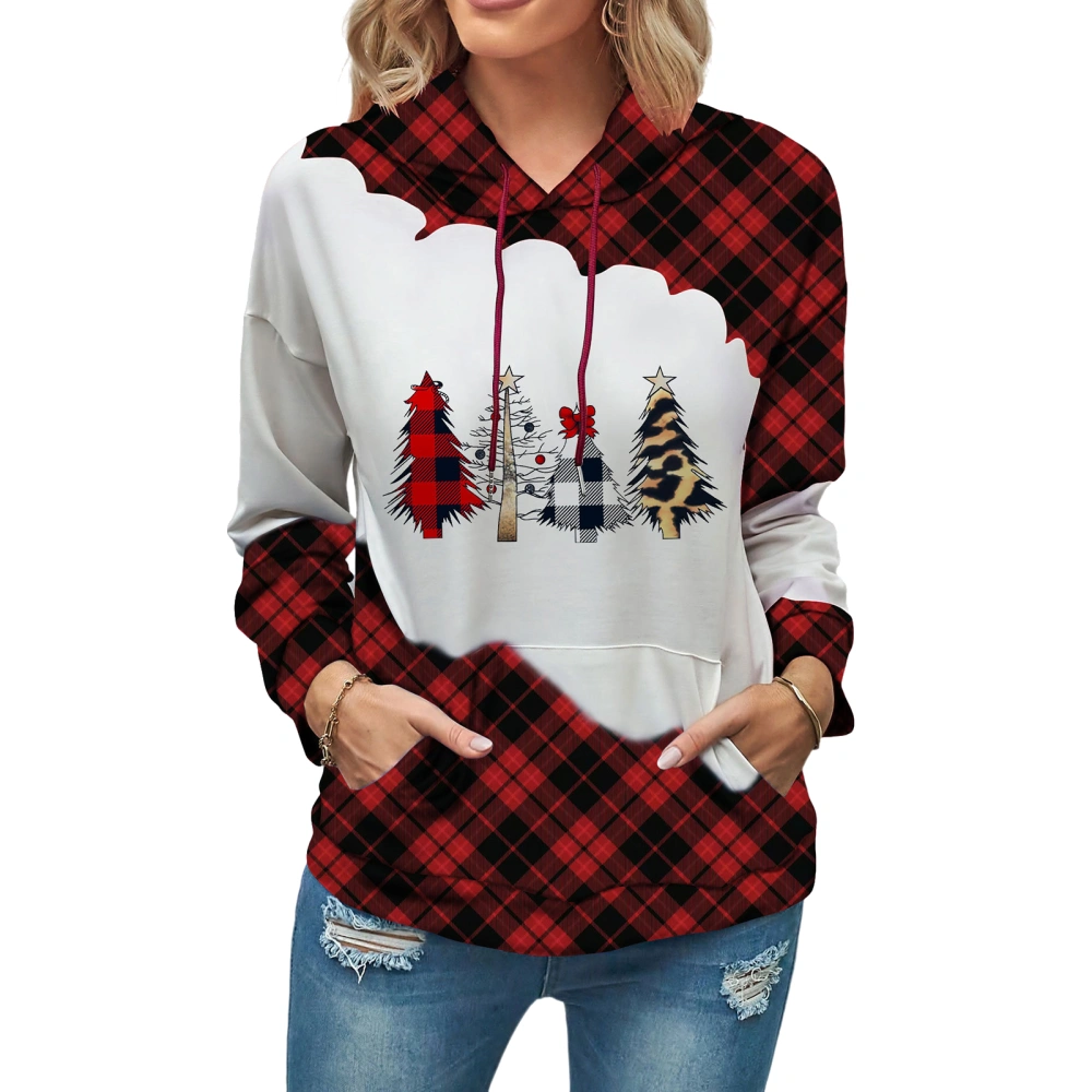 Womans Hoodies Christmas Style Drawstring Contrast Color Front Pocket Women Pullover Hoodie for Office Dating Party Red Plaid Sleeve XL