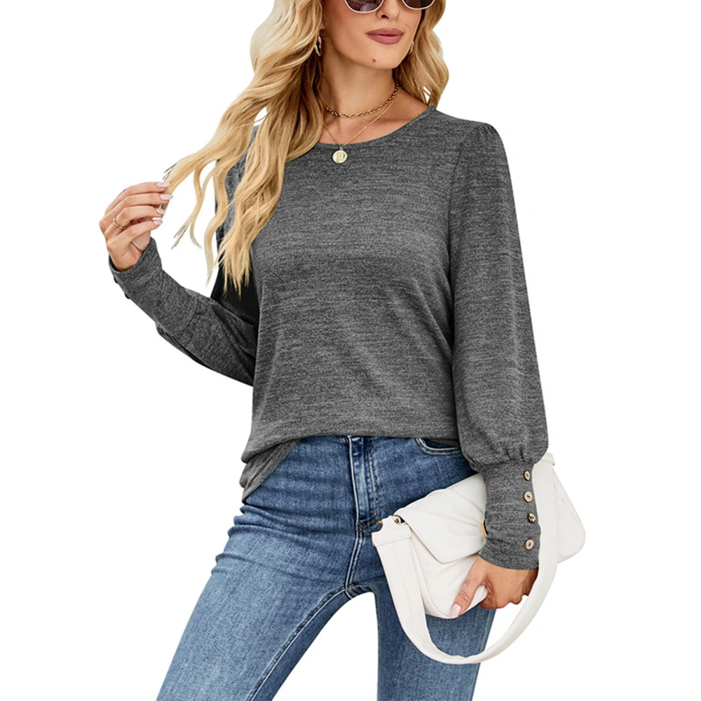 Women Long Sleeves Pullover Top Crewneck Button Cuffs Loose Comfortable Women Blouse Top Dark Gray M