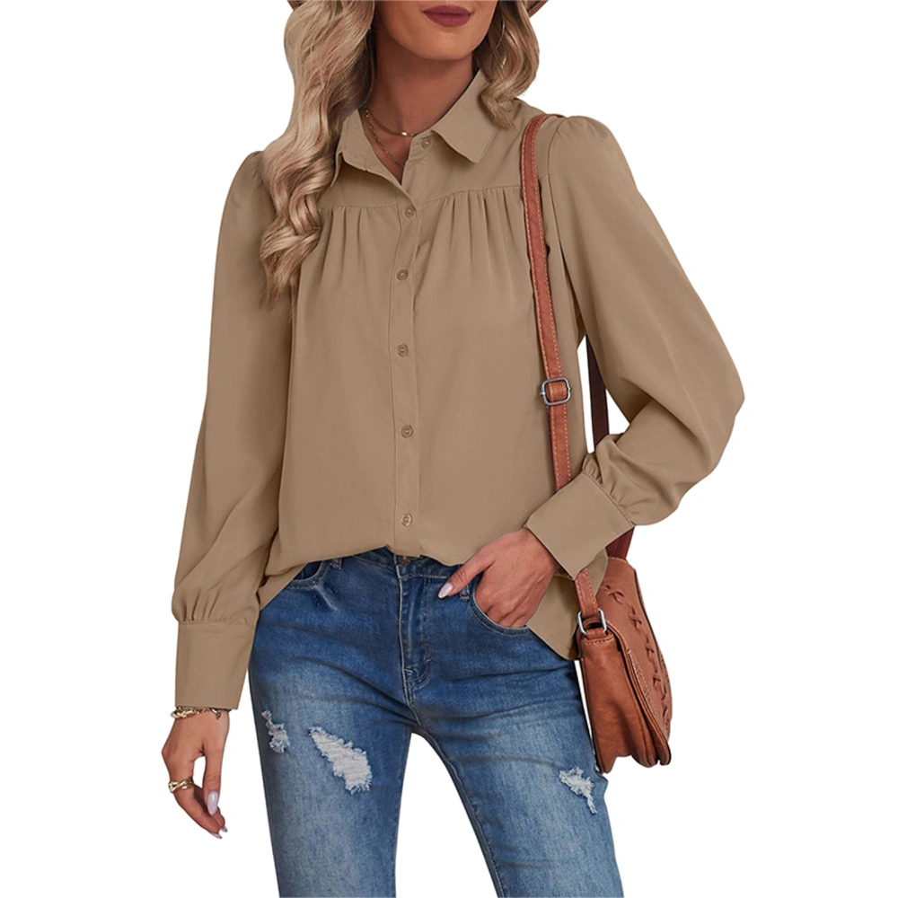 Women Long Sleeves Shirt Turn Down Collar Button Closure Pure Color Loose Type Casual Top Khaki S