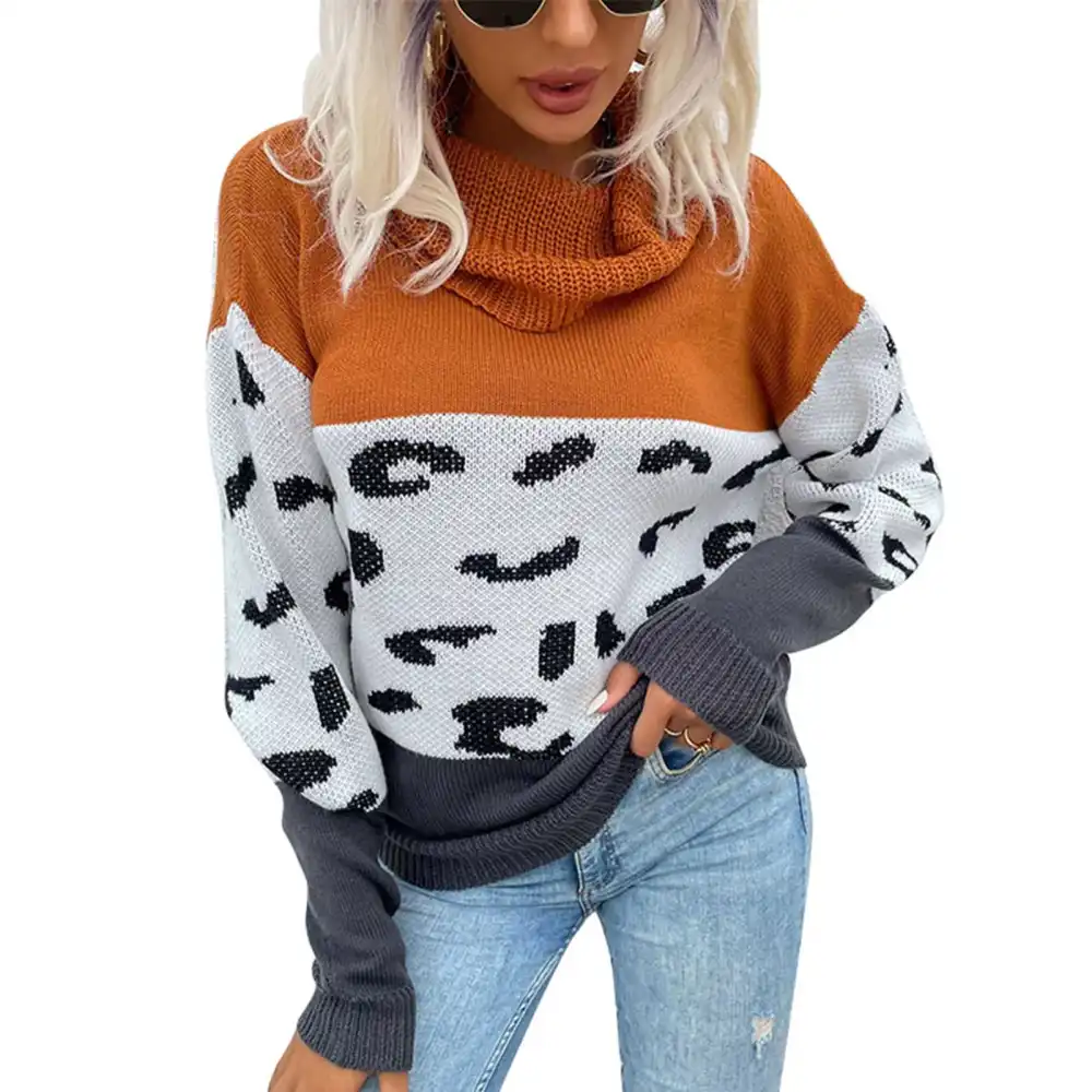 Women Sweater Leopard Print Contrast Color High Collar Drop Shoulder Sleeves Pullover Sweater Light Tan S