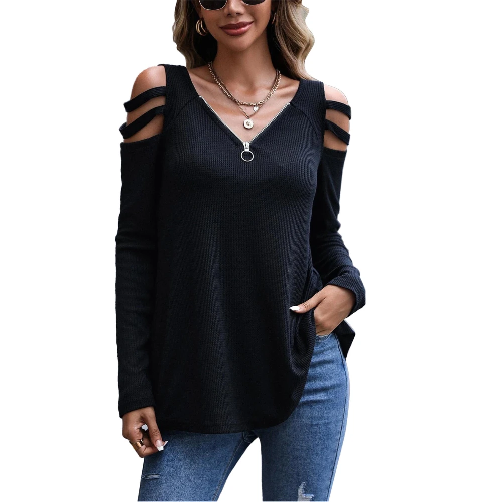 Women Long Sleeves Top V Neck Zipper Cold Shoulder Pure Color Loose Type Casual T Shirt Black XXXL