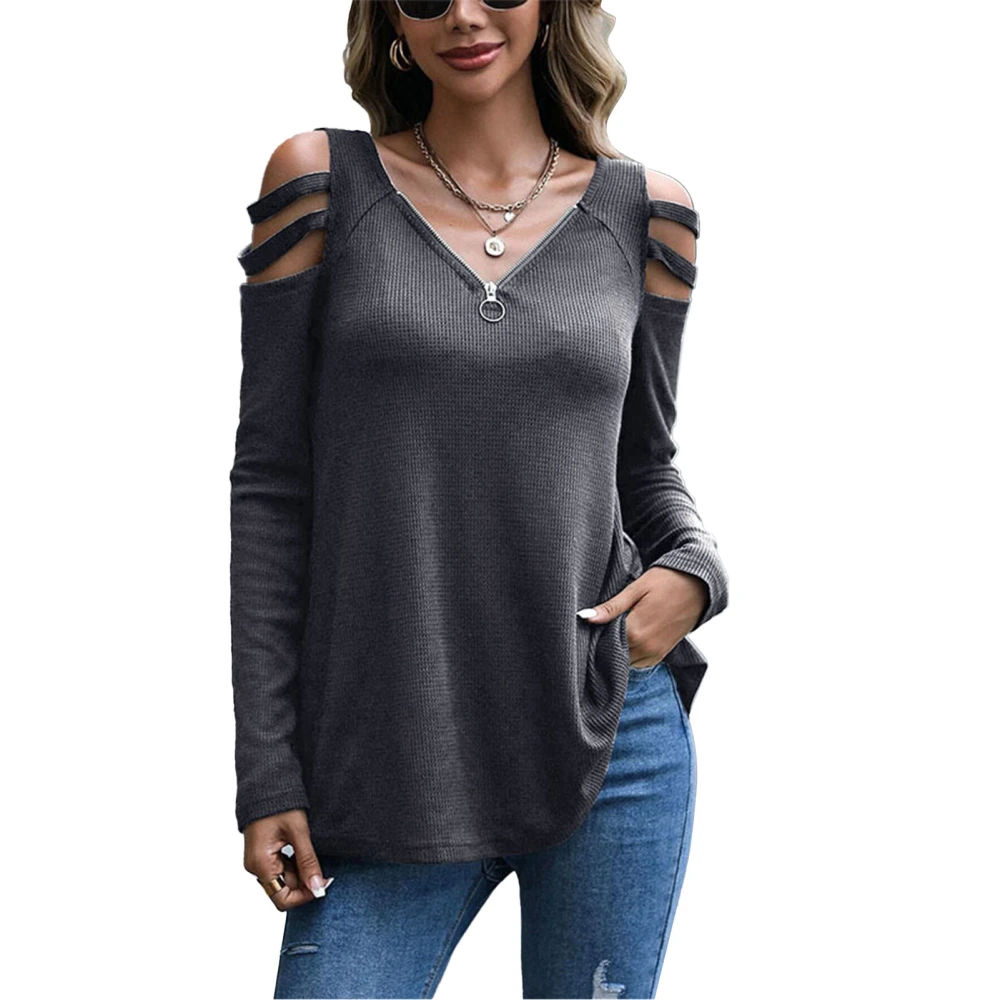 Women Long Sleeves Top V Neck Zipper Cold Shoulder Pure Color Loose Type Casual T Shirt Dark Gray M