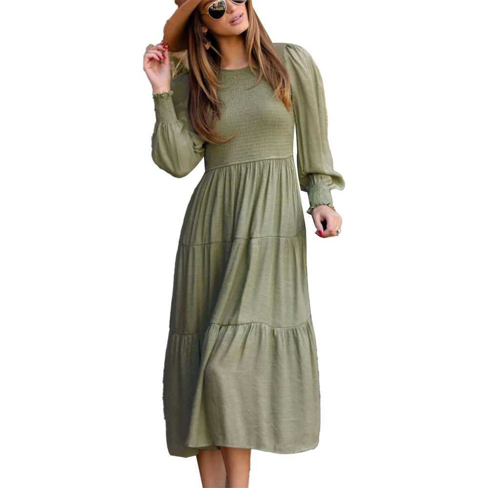 Dress Shirred Bust Cuff Plain Lantern Sleeves Stylish Comfortable Mid Length Women Dress Light Green L