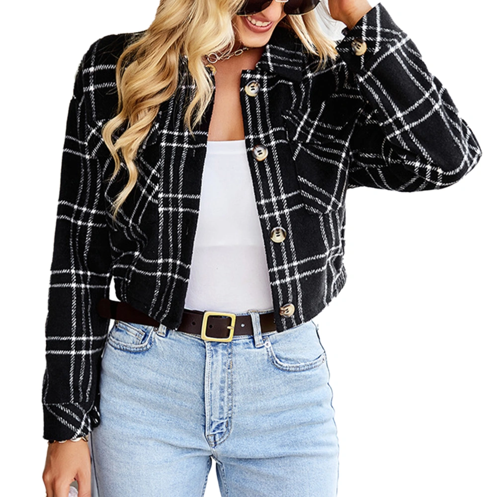 Women Plaid Short Coat with Pockets Long Sleeve Single Breasted Casual Coat for Daily Wear Black M