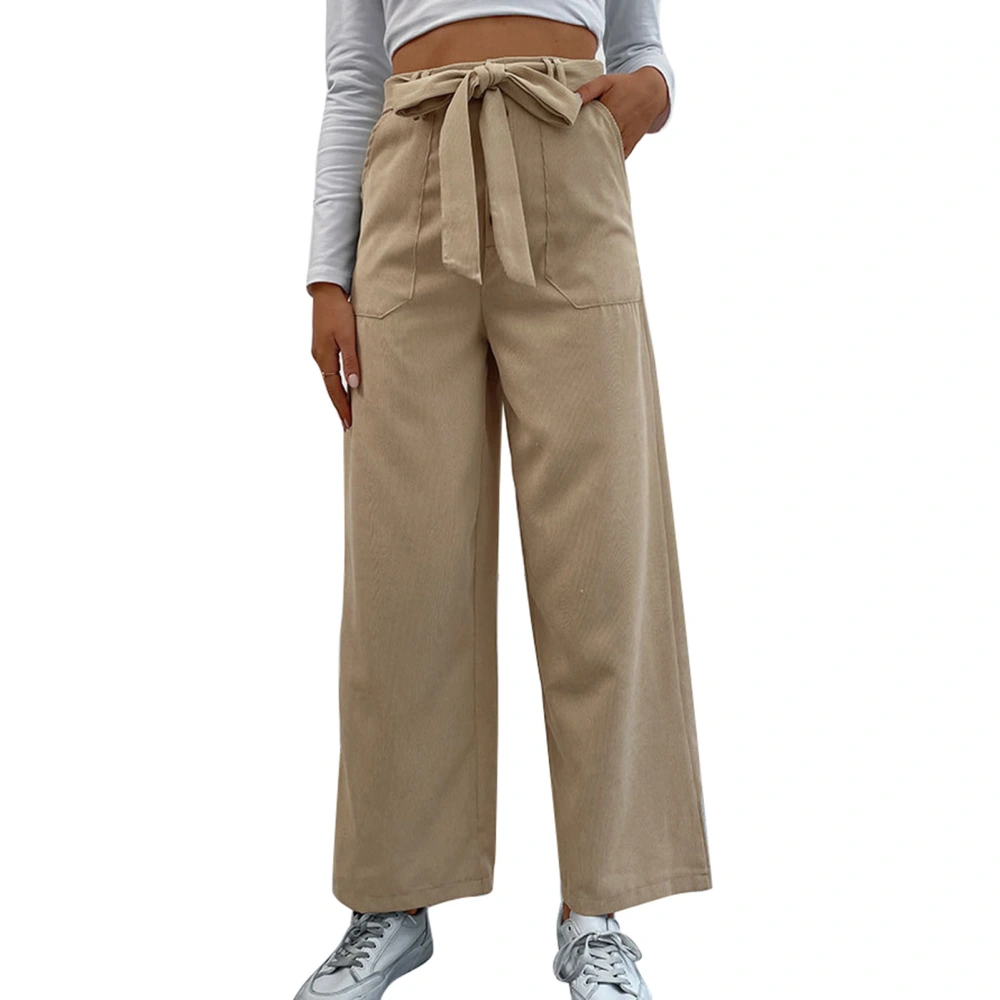 Women Wide Legs Pants Bowknot Belted Pure Color Side Pockets Zipper Closure Casual Pants Khaki S