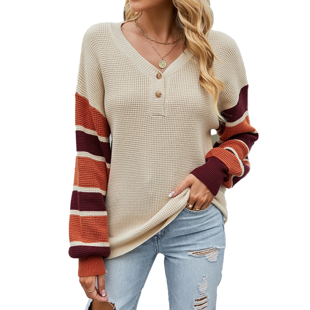 Sweater V Neck Colorblock Long Sleeves Loose Type Comfortable Casual Pullover for Fall Winter Apricot L