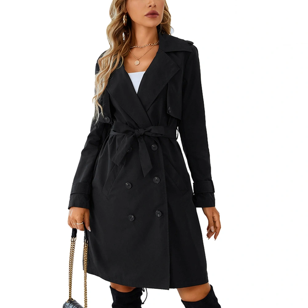 Women Lapel Jacket Double Breasted Button Cuffs Long Sleeves Belted Waist Mid Length Modern Wind Coat for Autumn Black L