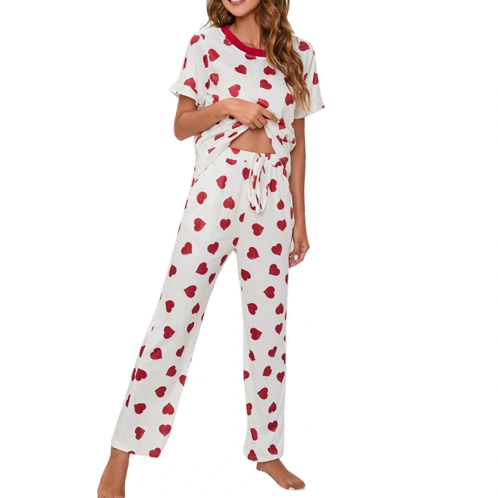 Women Pajama Set Sleepwear Crew Neck Heart Print Short Sleeve Comfortable for Home White S