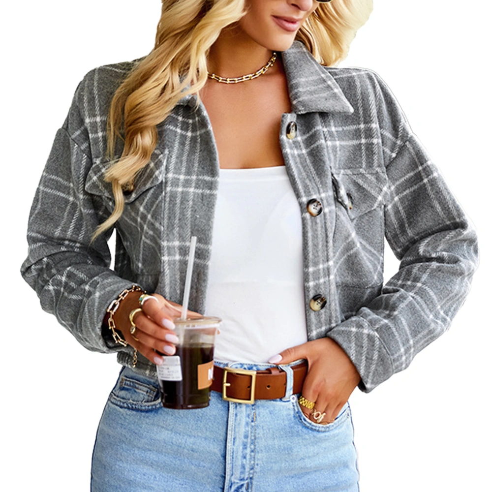 Women Plaid Short Coat with Pockets Long Sleeve Single Breasted Casual Coat for Daily Wear Grey M