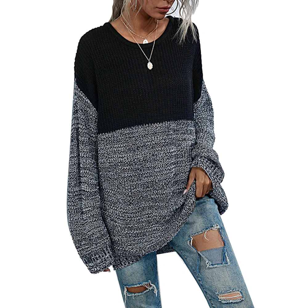 Knitted Sweater Women Round Neck Drop Shoulder Long Sleeve Matching Color Top Medium Style Black L