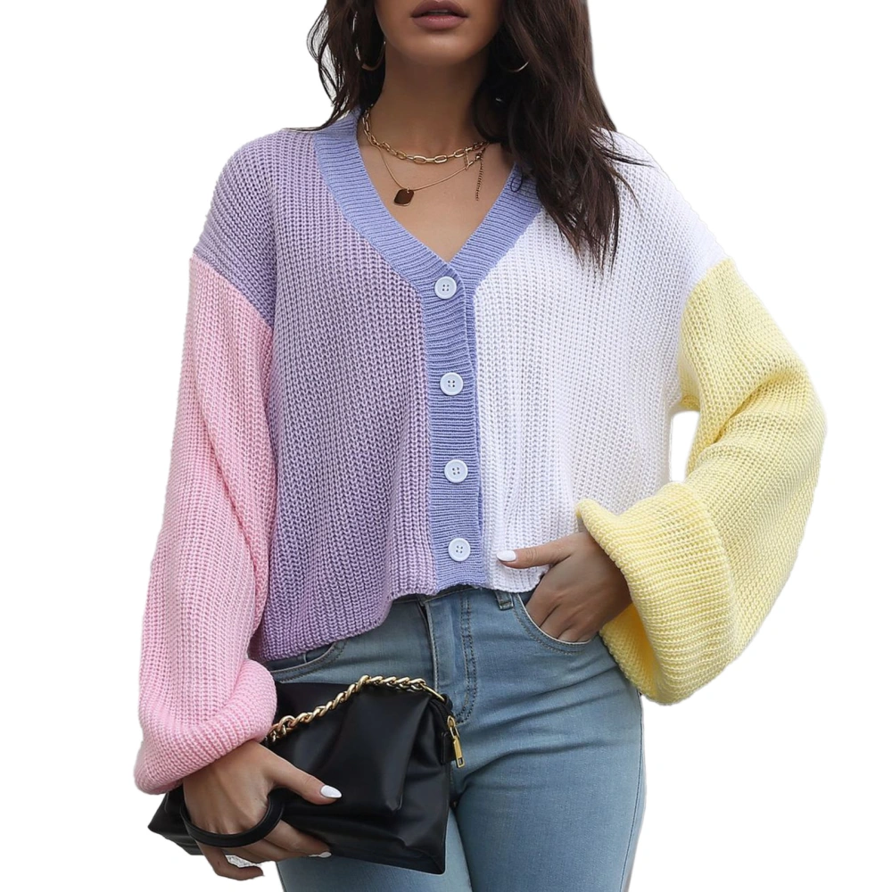 Color Block Sweater Coat Loose Long Sleeves V Neck Loose Short Single Breasted Open Front Knit Outwear Pink White Color Block S