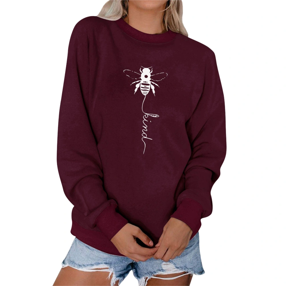 Round Neck Long Sleeve Sweatshirt Dashed Wings Long Tail Bee Graphic Print Loose Women Top for Female Wine Red, White Letter M