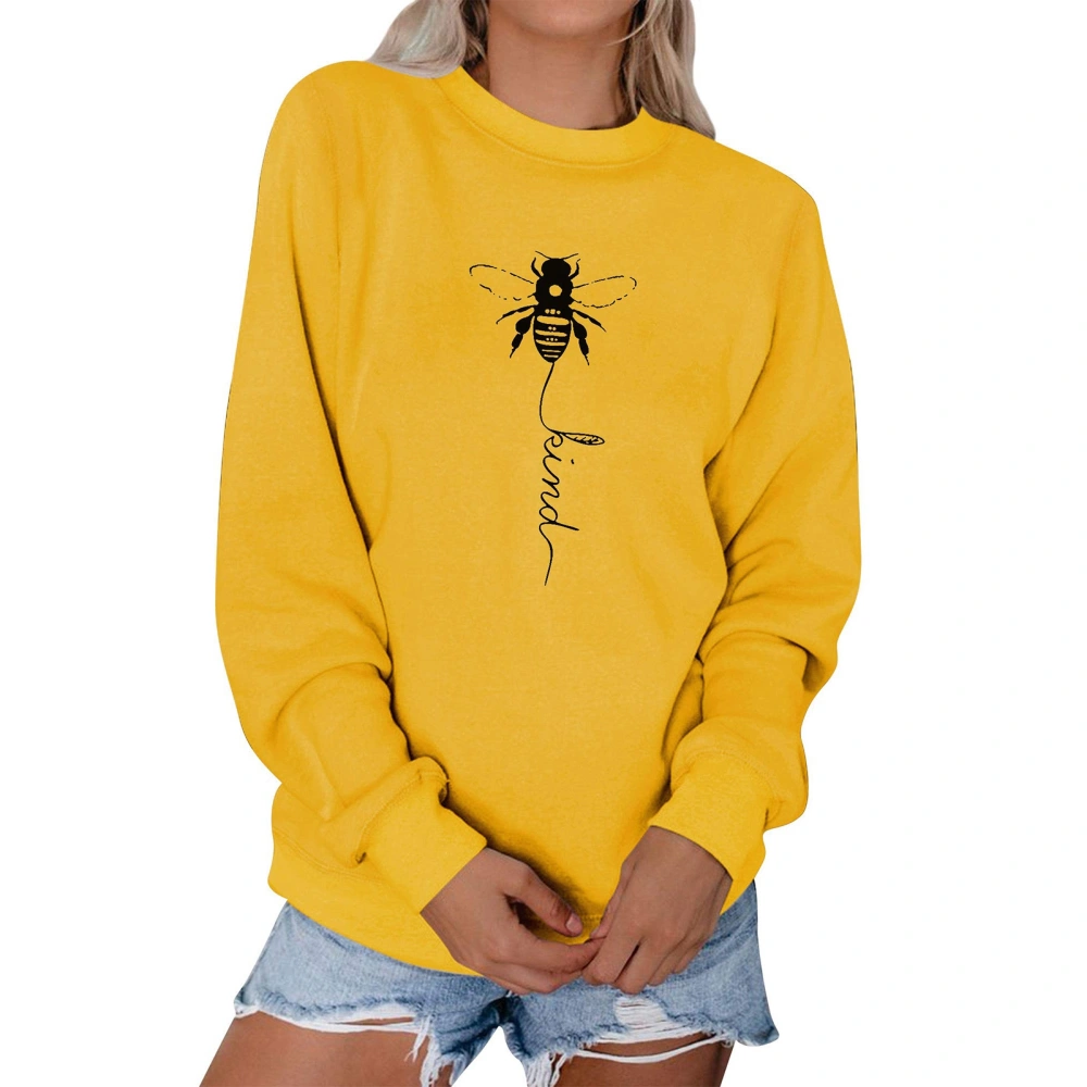 Round Neck Long Sleeve Sweatshirt Dashed Wings Long Tail Bee Graphic Print Loose Women Top for Female Yellow, Black Letter L