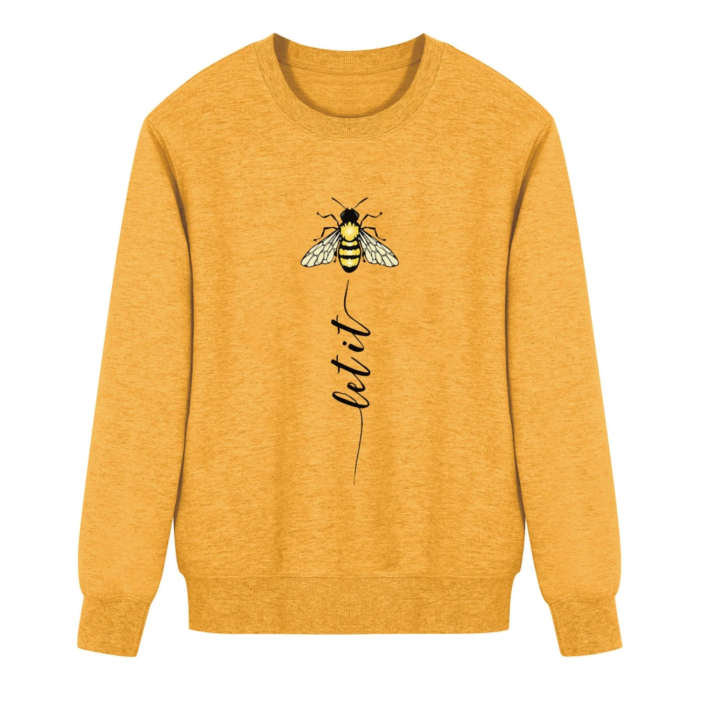 Women Long Sleeve Crewneck Sweatshirt Stylish Bee Long Tail Color Printing Letter Women Casual Loose Fitting Pullovers Yellow, Black Letter S