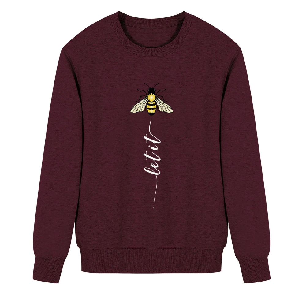 Women Long Sleeve Crewneck Sweatshirt Stylish Bee Long Tail Color Printing Letter Women Casual Loose Fitting Pullovers Wine Red, White Letter XXL