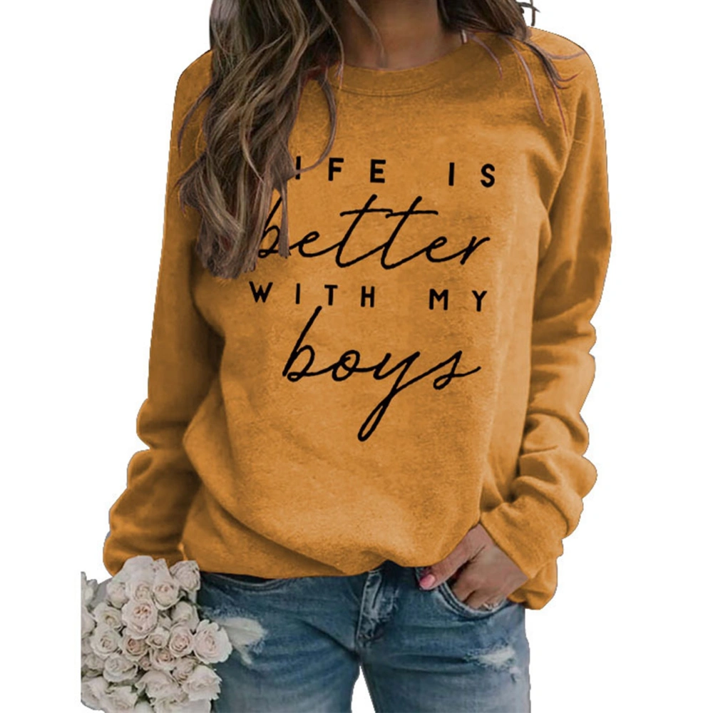 Women Sweatshirt Round Neck Letter Pattern Design Long Sleeve Loose Casual Pullover Hoodie for Daily Wear Yellow ( Black Font) XXL