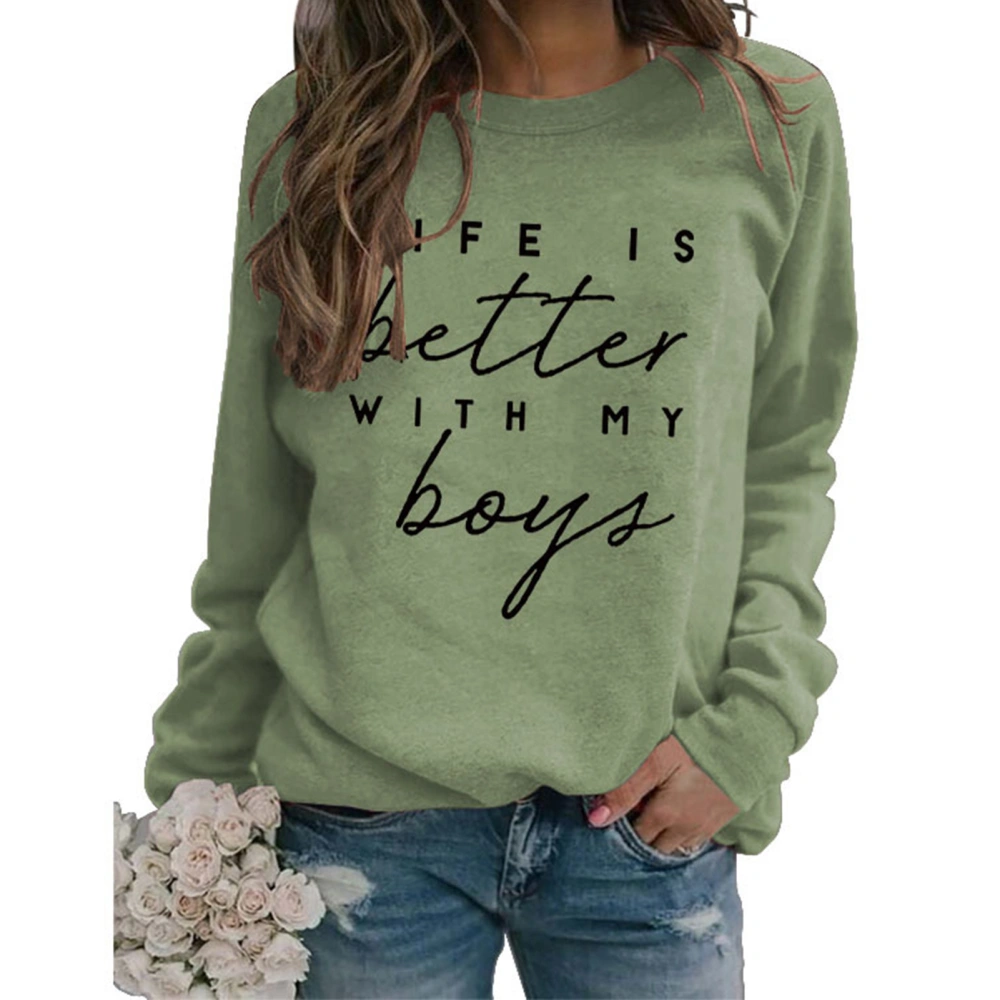 Women Sweatshirt Round Neck Letter Pattern Design Long Sleeve Loose Casual Pullover Hoodie for Daily Wear Olive Green ( Black Font) L