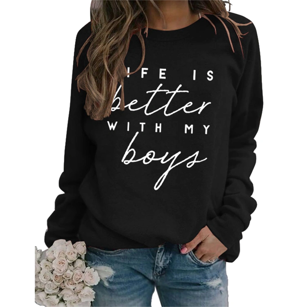 Women Sweatshirt Round Neck Letter Pattern Design Long Sleeve Loose Casual Pullover Hoodie for Daily Wear White ( Black Font) S