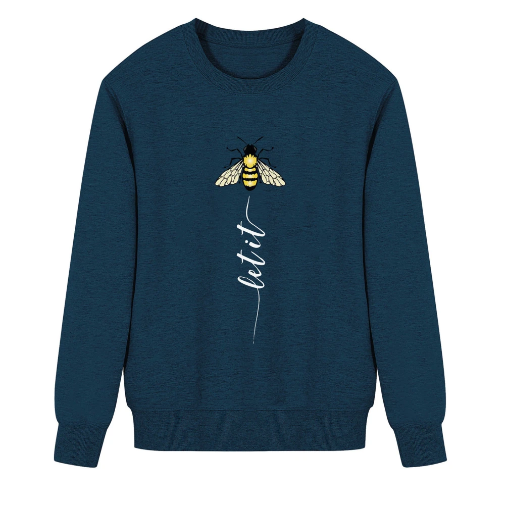 Women Long Sleeve Crewneck Sweatshirt Stylish Bee Long Tail Color Printing Letter Women Casual Loose Fitting Pullovers Blue, White Letter S