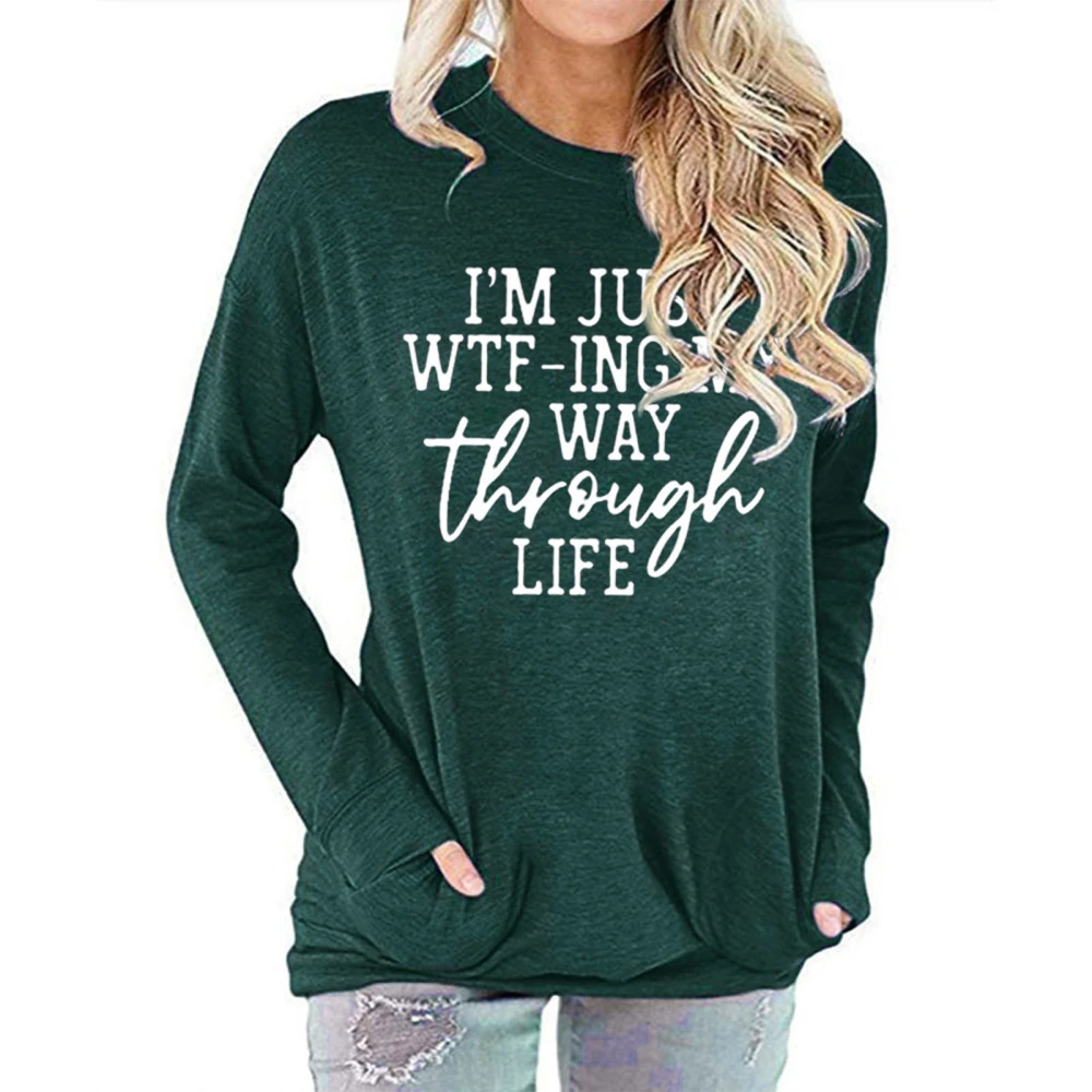 Women Crew Neck Pullover Alphabet Pattern Breathable Long Sleeve Pullover Women Tops with Pocket for Daily Dark Green M