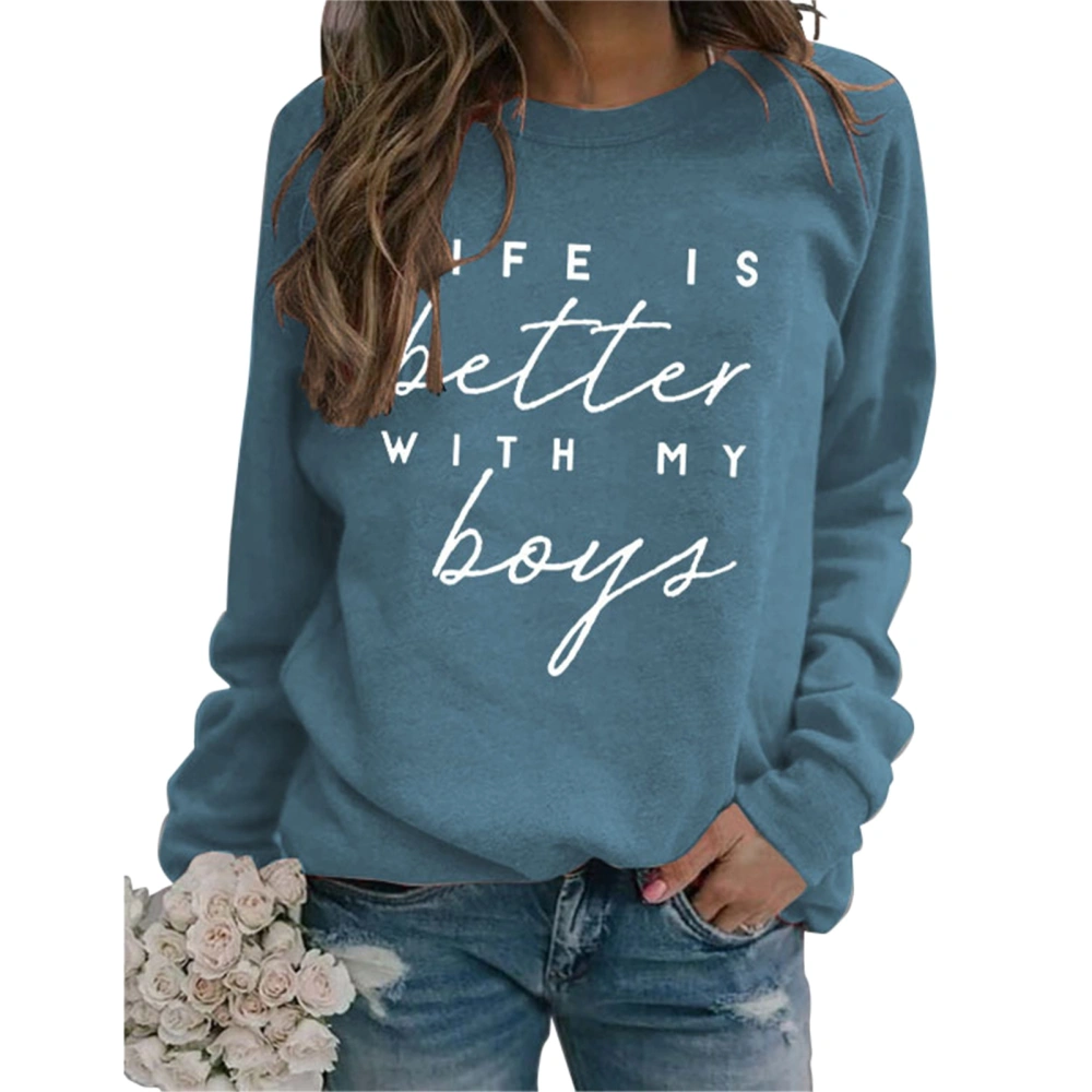 Women Sweatshirt Round Neck Letter Pattern Design Long Sleeve Loose Casual Pullover Hoodie for Daily Wear Blue ( White Font) XL