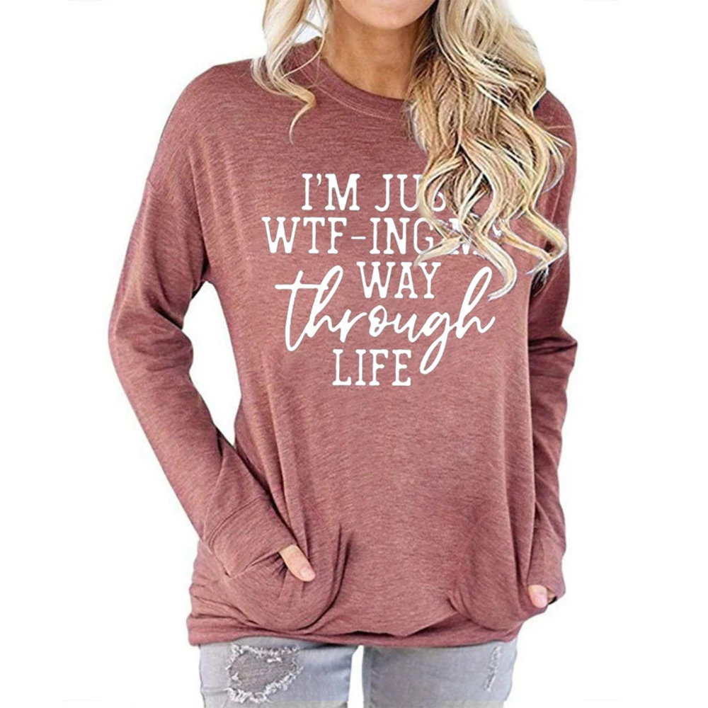 Women Crew Neck Pullover Alphabet Pattern Breathable Long Sleeve Pullover Women Tops with Pocket for Daily Brownish Red M