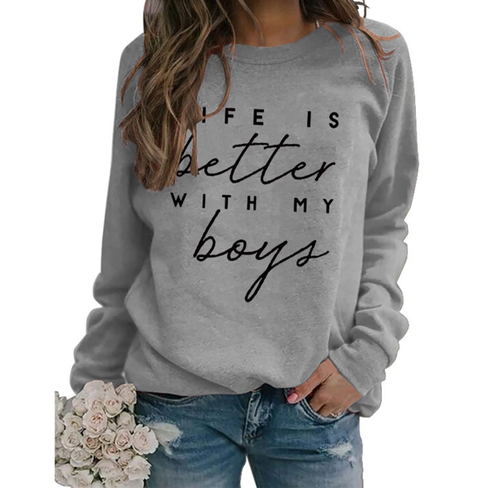 Women Sweatshirt Round Neck Letter Pattern Design Long Sleeve Loose Casual Pullover Hoodie for Daily Wear Gray ( Black Font) S