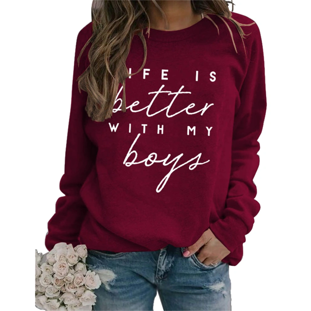 Women Sweatshirt Round Neck Letter Pattern Design Long Sleeve Loose Casual Pullover Hoodie for Daily Wear Red Wine ( White Font) XL