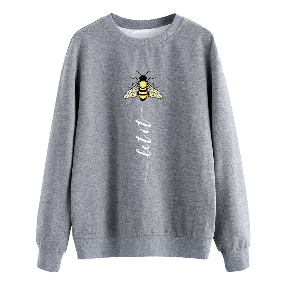 Women Long Sleeve Crewneck Sweatshirt Stylish Bee Long Tail Color Printing Letter Women Casual Loose Fitting Pullovers Gray, White Letter S