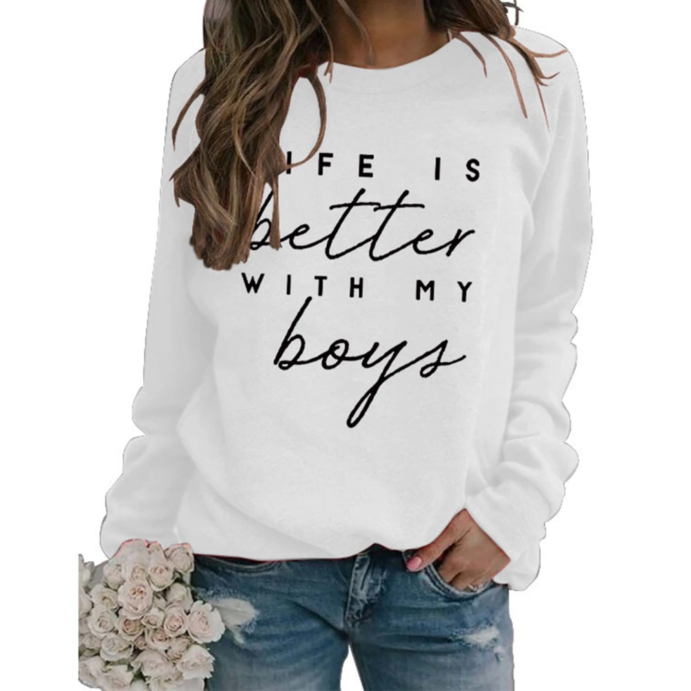 Women Sweatshirt Round Neck Letter Pattern Design Long Sleeve Loose Casual Pullover Hoodie for Daily Wear White ( Black Font) M