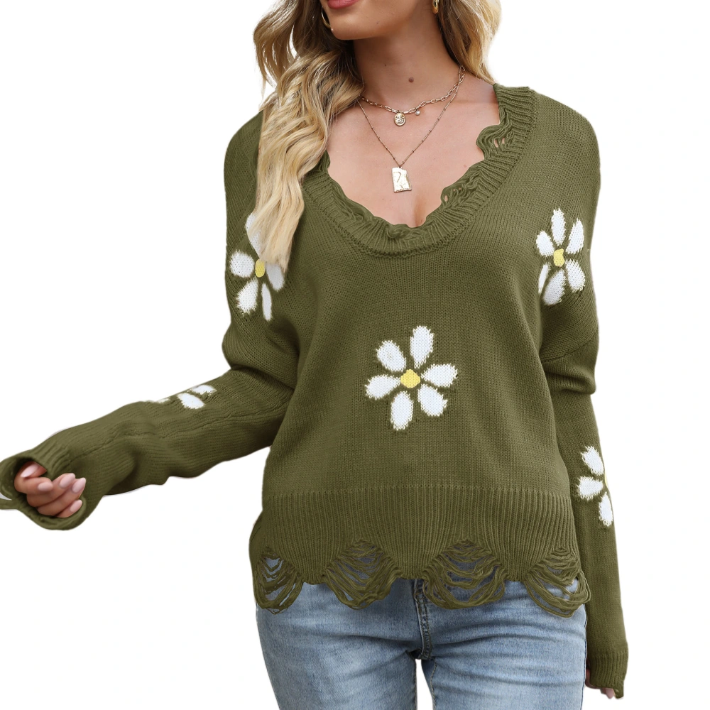 Drop Shoulder Sweater Floral Print Long Sleeve Loose Casual V Neck Sweater for Women Green S