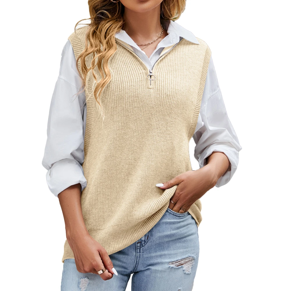 Women Knitted Vest Quarter Zip Turn Down Collar Sleeveless Pure Color Loose Stretchy Vest Sweater Beige M