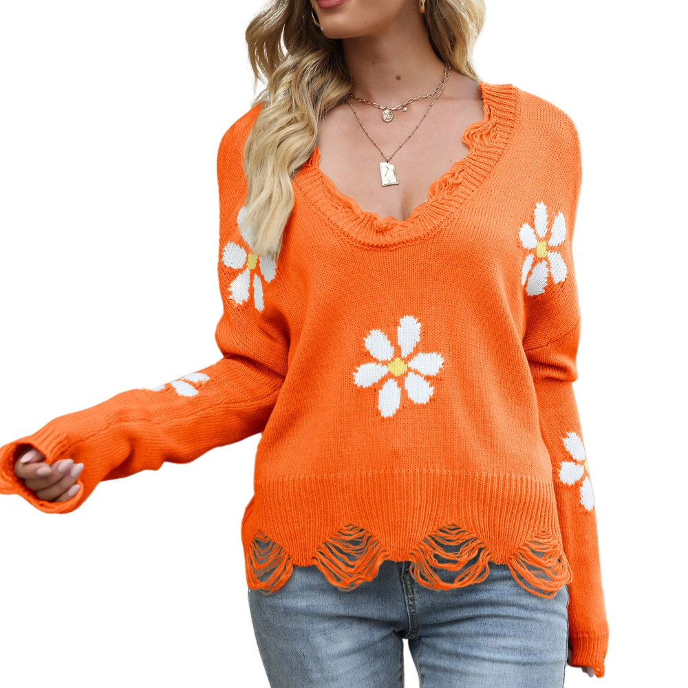 Drop Shoulder Sweater Floral Print Long Sleeve Loose Casual V Neck Sweater for Women Orange XL