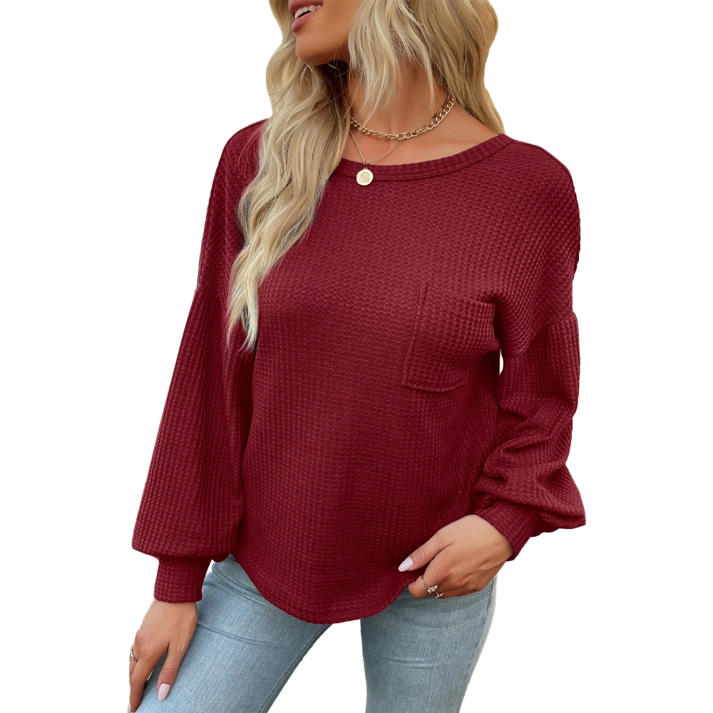 Women Tee Top Lantern Sleeves Criss Cross V Back Front Crewneck Pure Color Pullover Shirt for Lady Female with Chest Pocket Wine Red L