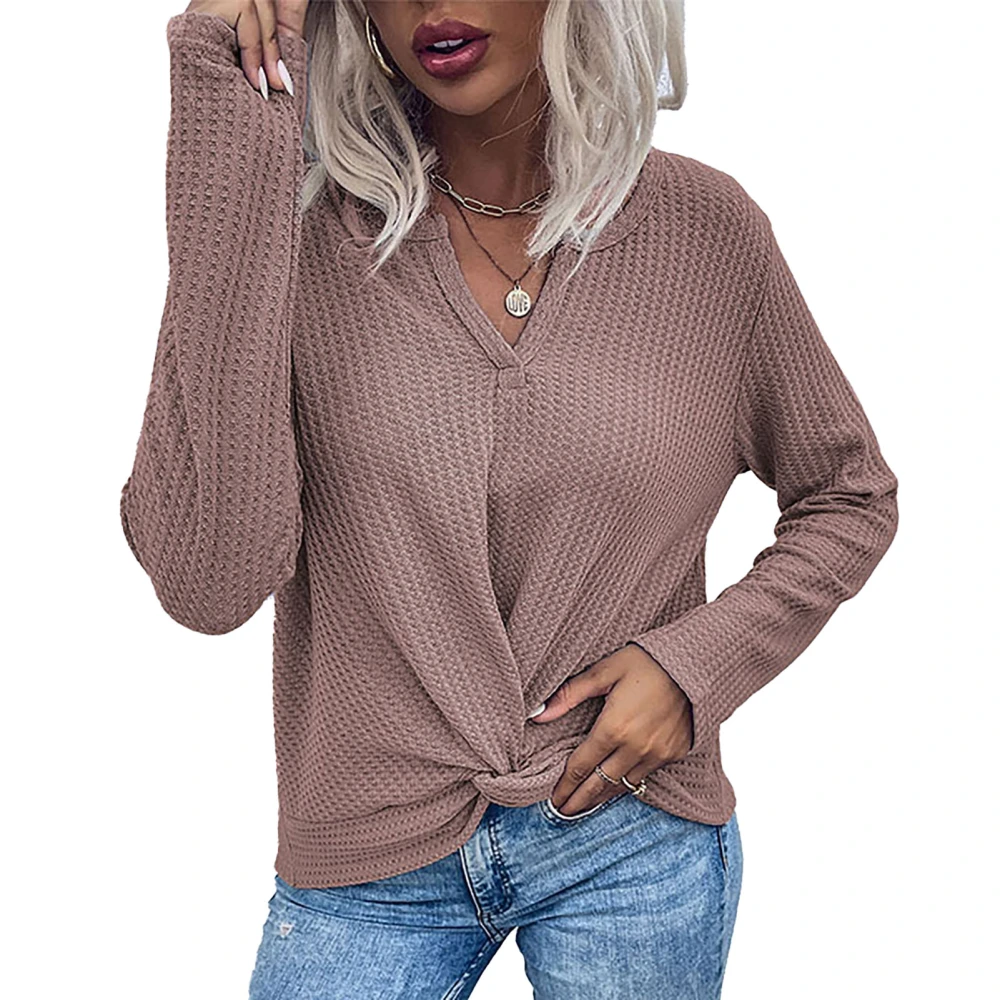 Women Top Knitted Twist Hem Long Sleeve Pure Color Casual V Neck Loose Fall Pullover Brown L