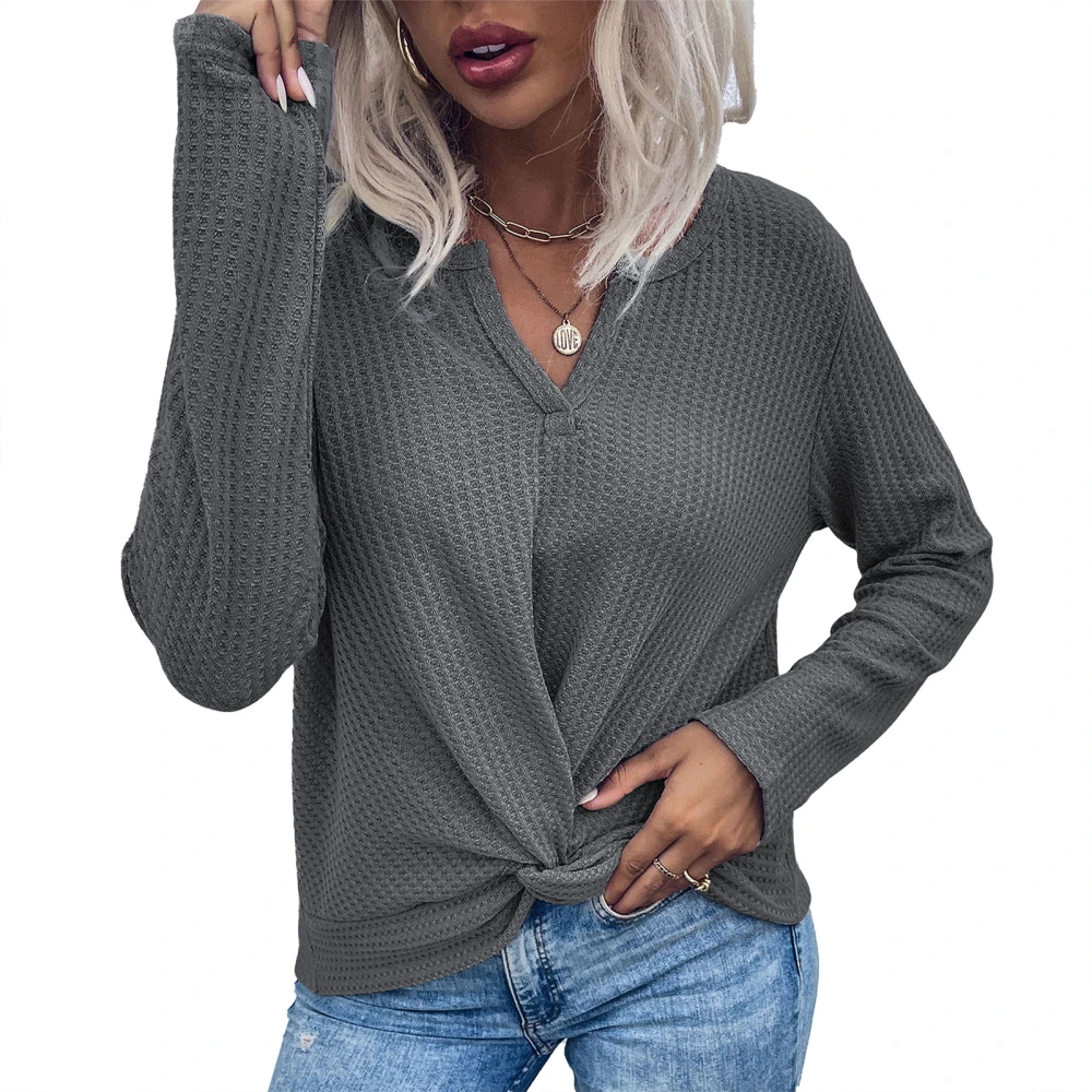 Women Top Knitted Twist Hem Long Sleeve Pure Color Casual V Neck Loose Fall Pullover Dark Gray M