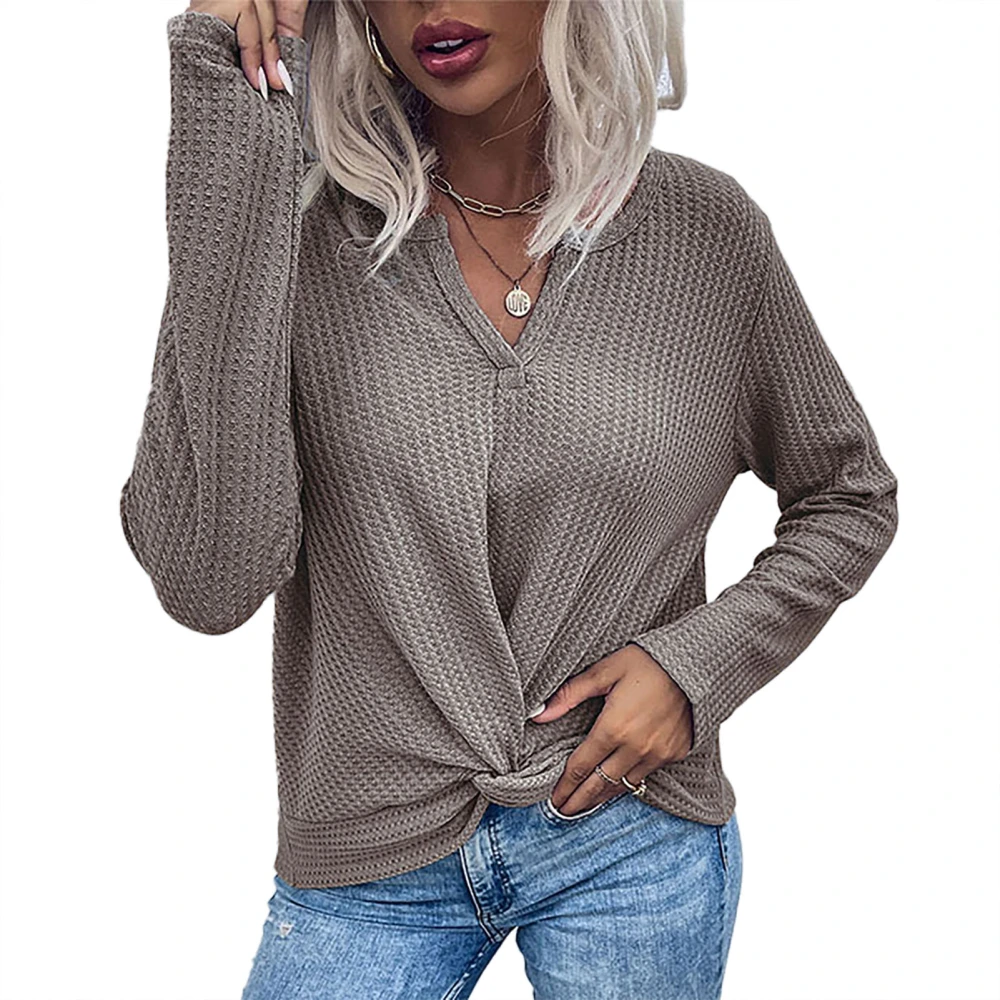 Women Top Knitted Twist Hem Long Sleeve Pure Color Casual V Neck Loose Fall Pullover Khaki S