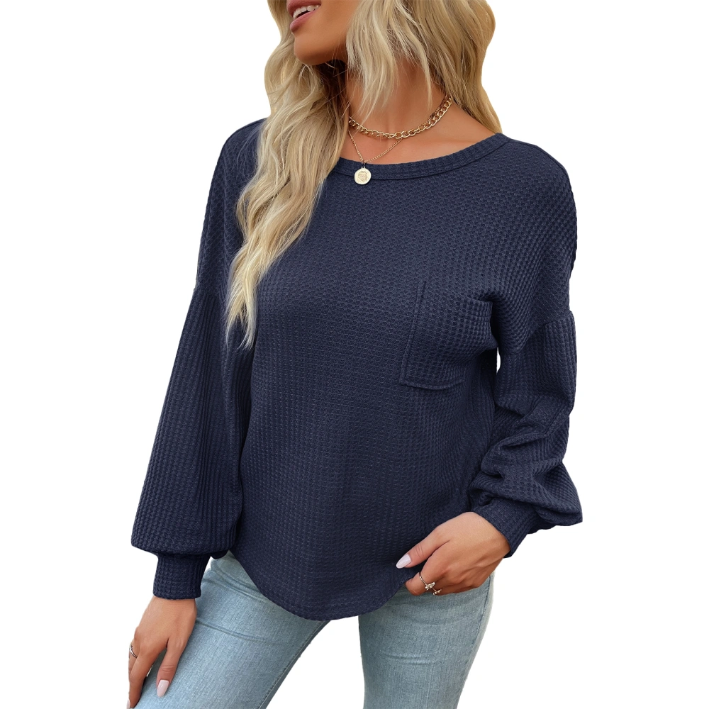 Women Tee Top Lantern Sleeves Criss Cross V Back Front Crewneck Pure Color Pullover Shirt for Lady Female with Chest Pocket Purplish Blue S