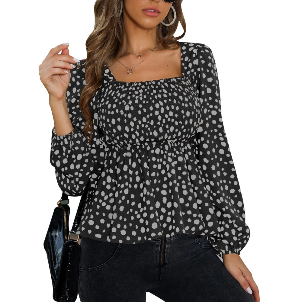 Elegant Shirred Top Ruched Bust Lantern Sleeves Ruffle Hem Shirred Dot Print Shirt for Women Black S