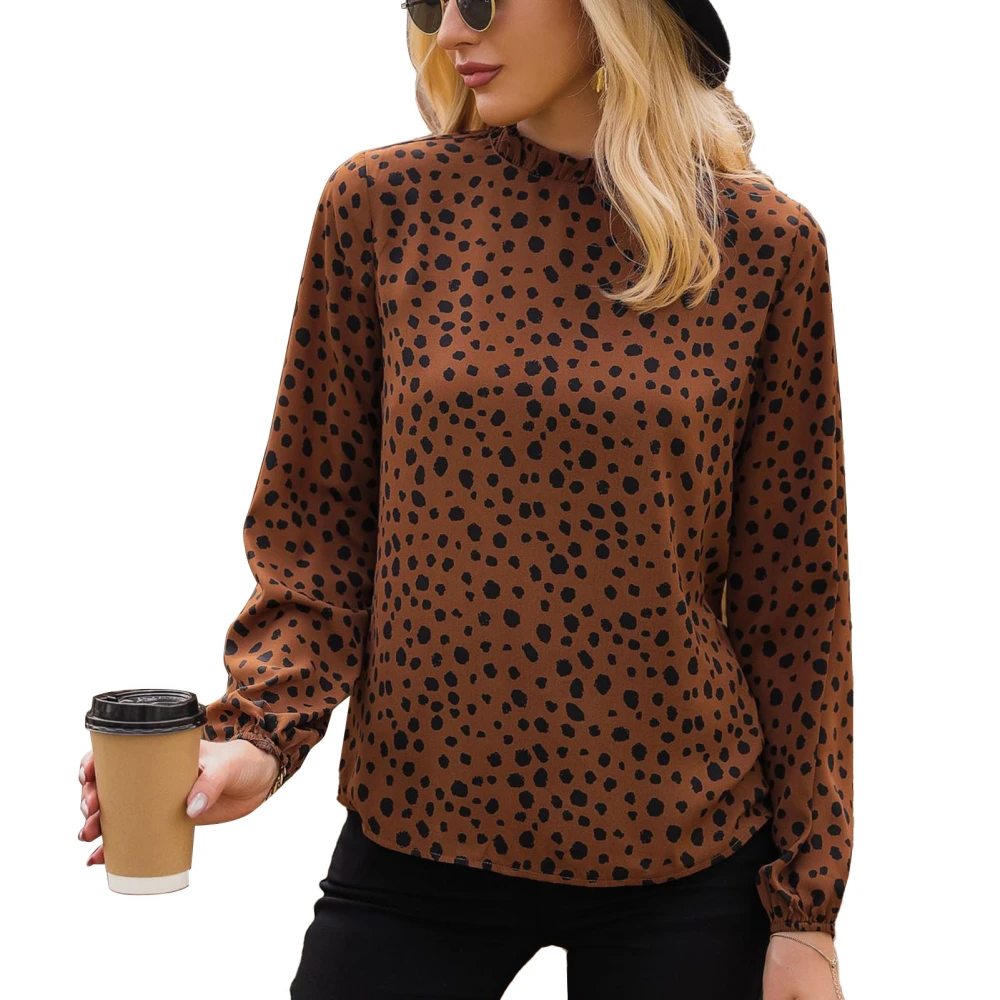 Women Blouse Fashion Polka Dot Round Neck Long Sleeve Frill Trim Polyester Top Clothing Brown XS