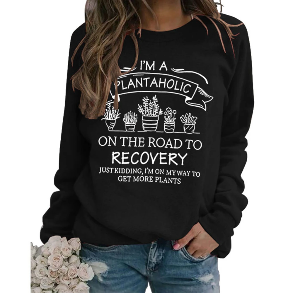 Women Casual Sweatshirt Printed Decoration Long Sleeve Crew Neck Polyester Top for All Seasons Black Top White Words XL