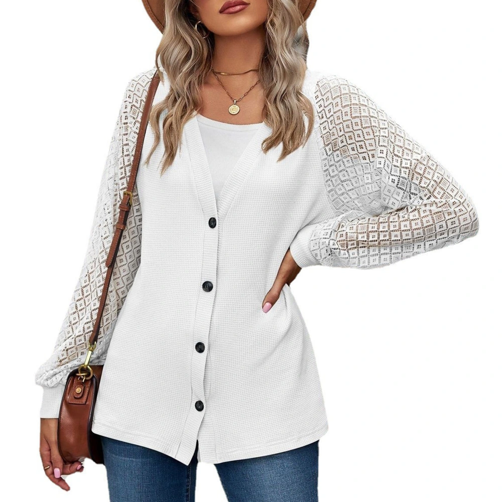 Women V Neck Outwear Top Lace Splicing Long Sleeves Single Breasted Closure Pure Color Casual Surcoat White XXL