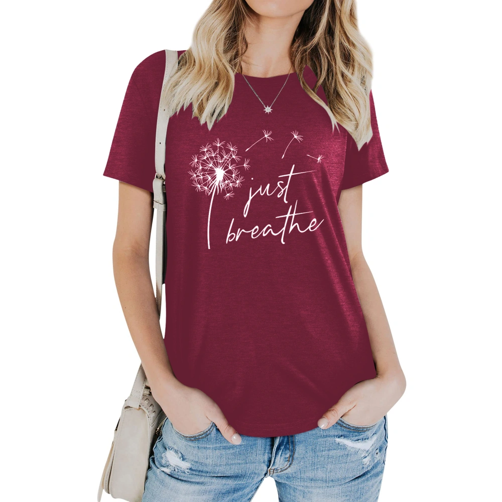 Short Sleeved Blouse Round Neck Letter Printed Fashionable Elegant Casual Short Sleeved Blouse Burgundy (White Font) M